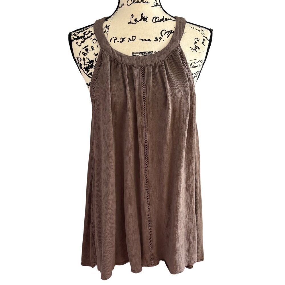 Torrid Women's Taupe Tunic Dress Sz 1 Sleeveless Keyhole Back Gauze Round Neck